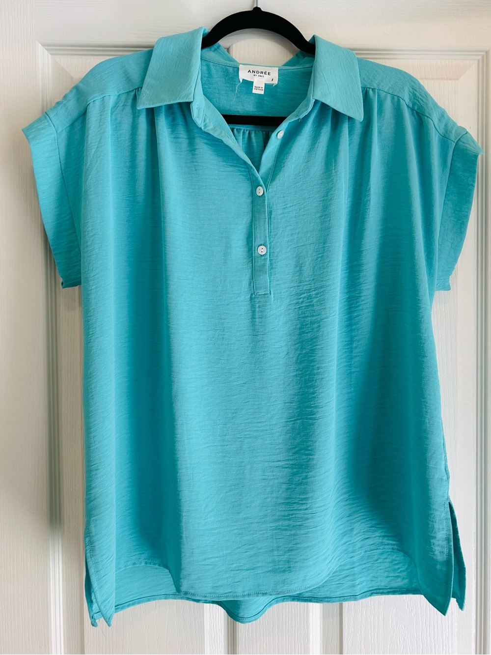 Turquoise Short-Sleeve Button Polo Blouse